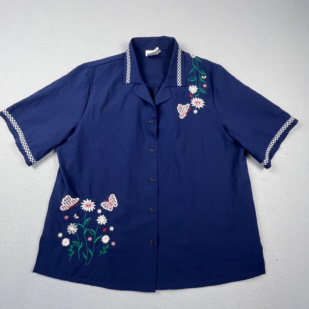 BonWorth Button Up Shirt Womens M Navy Blue Floral Butterfly Gingham Trim Granny